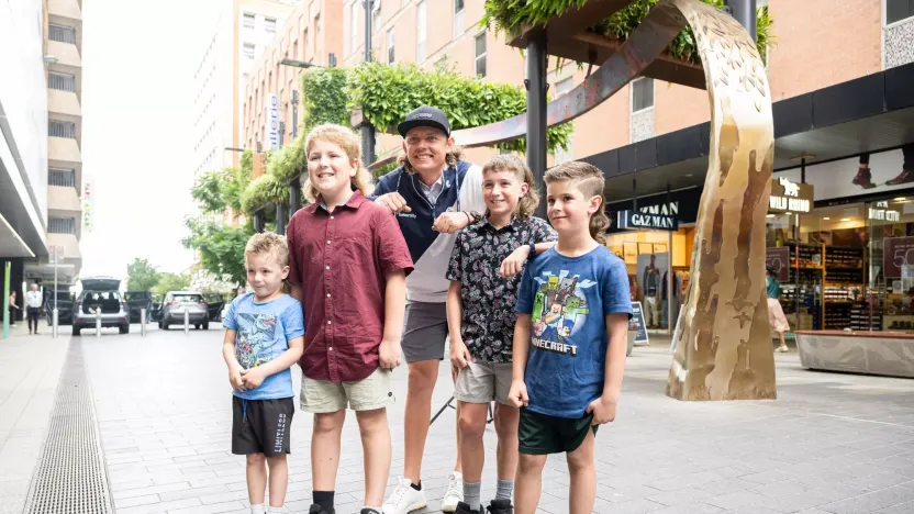 Captain Cameron Smith of Ripper GC takes a photo with fans during a player appearance and signing ahead of LIV Golf Adelaide at the Rundle Mall on Wednesday, Apr. 19, 2023 in Adelaide, Australia. (Photo by Charles Laberge/LIV Golf)