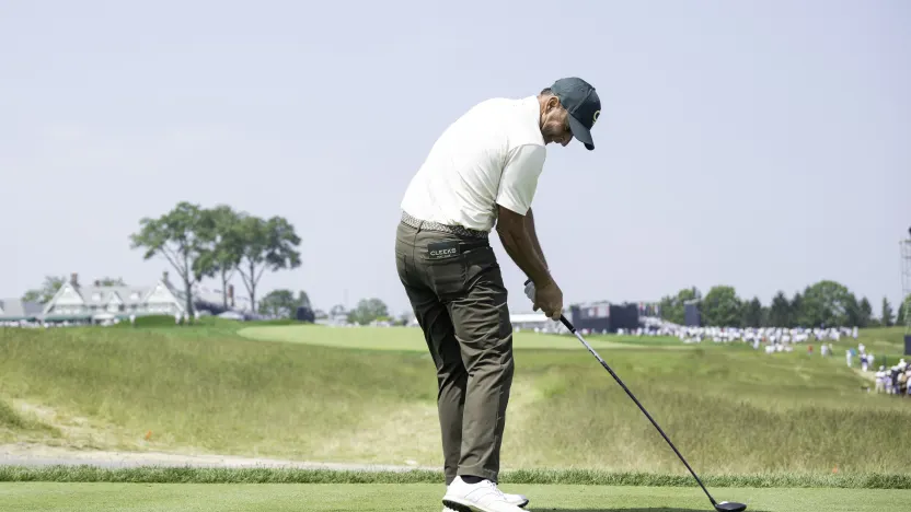 Richard Bland of Cleeks GC hits his shot from the 11th tee during the first round of the US Open at Oakmont Country Club on Thursday, June 12, 2025 in Oakmont, Pennsylvania. (Photo by Charles Laberge/LIV Golf)