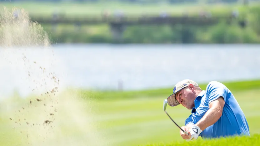Jason Kokrak of Smash GC hits his shot from a bunker on the ninth hole during the first round of LIV Golf Chicago at Bolingbrook Golf Club on Friday, August 08, 2025 in Bolingbrook, Illinois. (Photo by Charles Laberge/LIV Golf)
