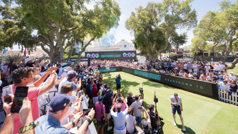 LIV Golf Announcer, Jason Zone Fisher, during the count down to the shotgun start on the first tee during the first round of LIV Golf Andalucía at Real Club Valderrama on Friday, July 12, 2024 in San Roque, Spain. (Photo by Mateo Villalba/LIV Golf)