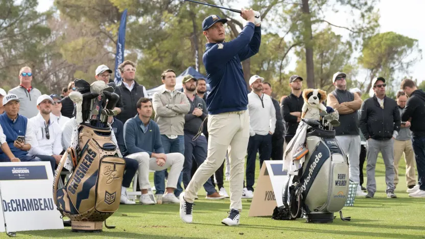 Captain Bryson DeChambeau of Crushers GC hits his shot on the driving range before the Showdown at the Shadow Creek Golf Course on Monday, Dec. 16, 2024 in Las Vegas, Nevada. (Photo by Montana Pritchard/LIV Golf)