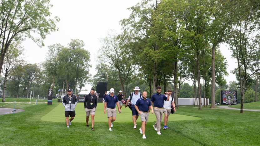 Tyrrell Hatton, Caleb Surratt and Jon Rahm of Legion XIII walk off the second tee during the practice round before the start of LIV Golf Team Championship Michigan at The Cardinal at Saint John’s on Tuesday, August 19, 2025 in Plymouth, MIchigan. (Photo by Pedro Salado/LIV Golf)