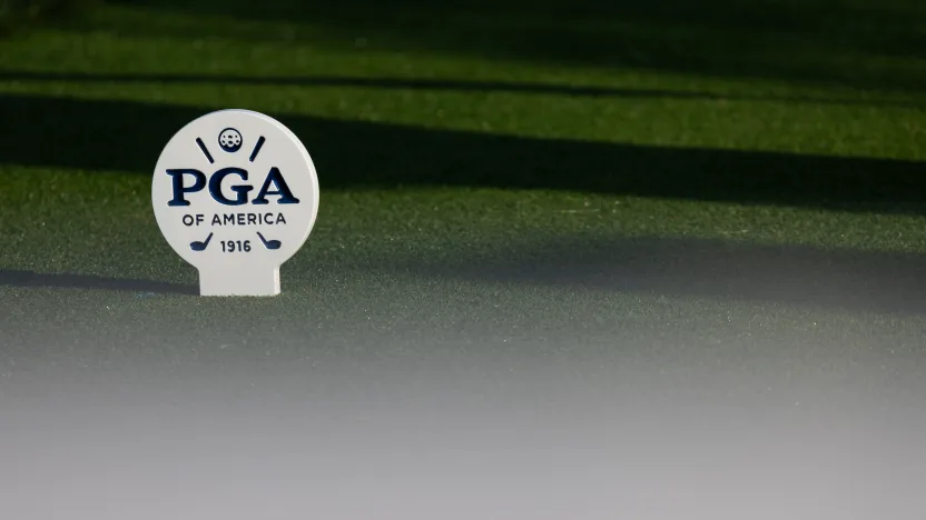 A general view of a PGA of America tee marker during the first round of the 2025 PGA Championship at Quail Hollow Club on Thursday, May 15, 2025 in Charlotte, North Carolina. (Photo by Jon Ferrey/LIV Golf)