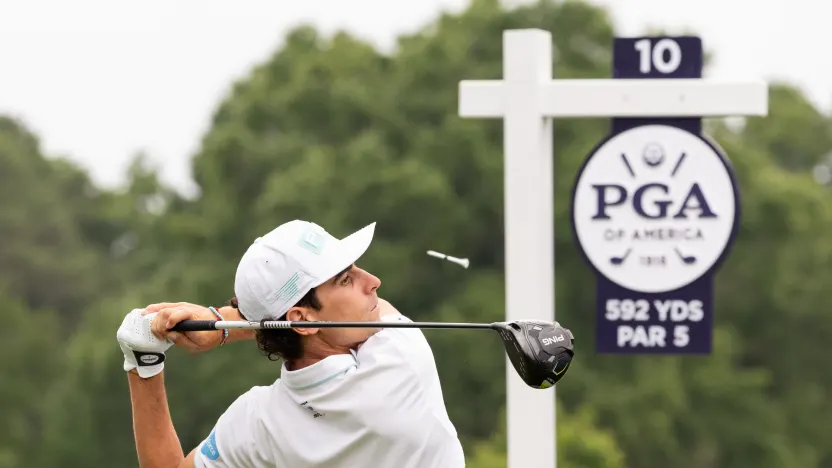 Captain Joaquín Niemann of Torque GC hits his shot from the 10th tee during the second round of the 2025 PGA Championship at Quail Hollow Club on Friday, May 16, 2025 in Charlotte, North Carolina. (Photo by Jon Ferrey/LIV Golf)
