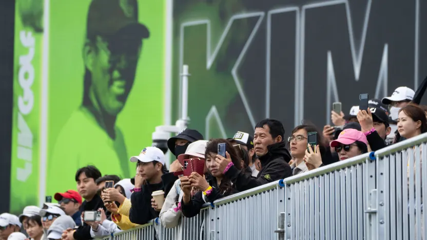 Fans are seen on the eighth tee during the second round of LIV Golf Korea at Jack Nicklaus Golf Club on Saturday, May 03, 2025 in Incheon, South Korea. (Photo by Mike Stobe/LIV Golf)