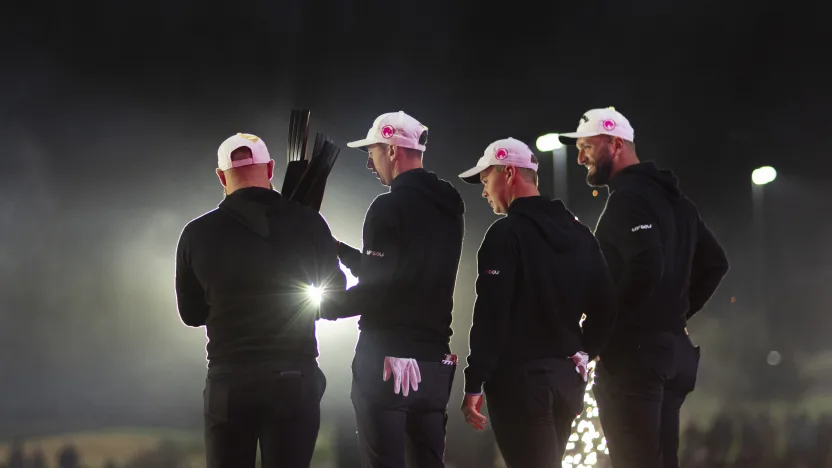 First place team champions, Tyrrell Hatton, Tom McKibbin, Caleb Surratt and Captain Jon Rahm of Legion XIII are seen on stage during the trophy ceremony after the final round of LIV Golf Riyadh at Riyadh Golf Club on Saturday, Feb. 08, 2025 in Riyadh, Saudi Arabia. (Photo by Jon Ferrey/LIV Golf)