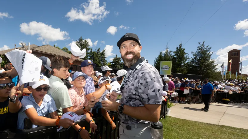 British YouTuber, Rick Shiels signs his autograph for fans before the final round of LIV Golf Team Championship Michigan at The Cardinal at Saint John’s on Sunday, August 24, 2025 in Plymouth, MIchigan. (Photo by Charles Laberge/LIV Golf)