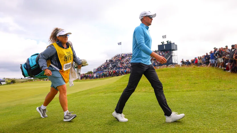Co-Captain Henrik Stenson of Majesticks GC and his caddie Fanny Sunneson, walk along the first hole during the third round of The Open Championship at Royal Portrush Golf Club on Saturday, July 19, 2025 in Portrush, Northern Ireland. (Photo by Chris Trotman/LIV Golf)