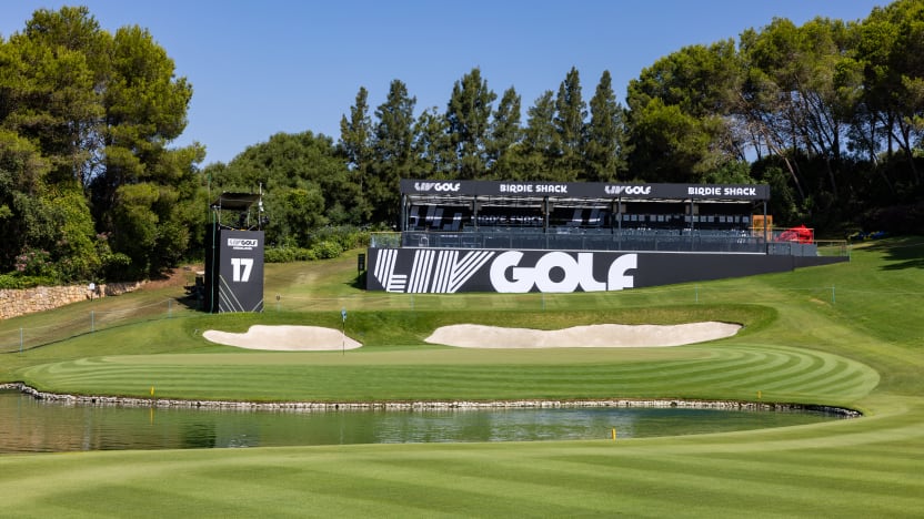 A general view of the Birdie Shack on the 17th green during the practice round before the start of LIV Golf Andalucía at Real Club Valderrama on Tuesday, July 08, 2025 in San Roque, Spain. (Photo by Chris Trotman/LIV Golf)