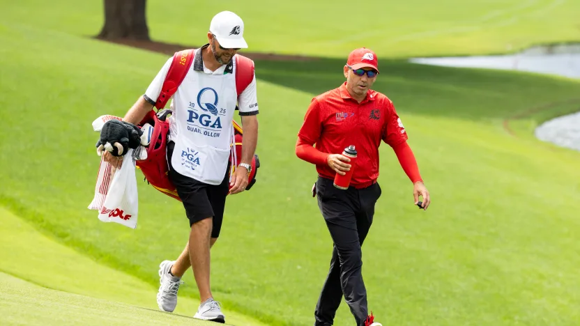 Captain Sergio Garcia of Fireballs GC and caddie, Benji Thompson, are seen on the 15th fairway during the final round of the 2025 PGA Championship at Quail Hollow Club on Sunday, May 18, 2025 in Charlotte, North Carolina. (Photo by Jon Ferrey/LIV Golf)