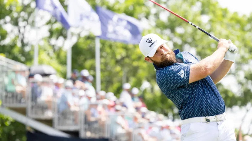 Tyrrell Hatton of Legion XIII hits his shot from the first tee during the final round of the 2025 PGA Championship at Quail Hollow Club on Sunday, May 18, 2025 in Charlotte, North Carolina. (Photo by Jon Ferrey/LIV Golf)