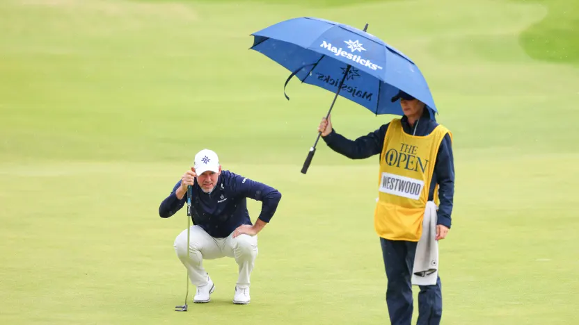Co-Captain Lee Westwood of Majesticks GC and his caddie, Helen Westwood, seen on the seventh green during the first round of The Open Championship at Royal Portrush Golf Club on Thursday, July 17, 2025 in Portrush, Northern Ireland. (Photo by Chris Trotman/LIV Golf)