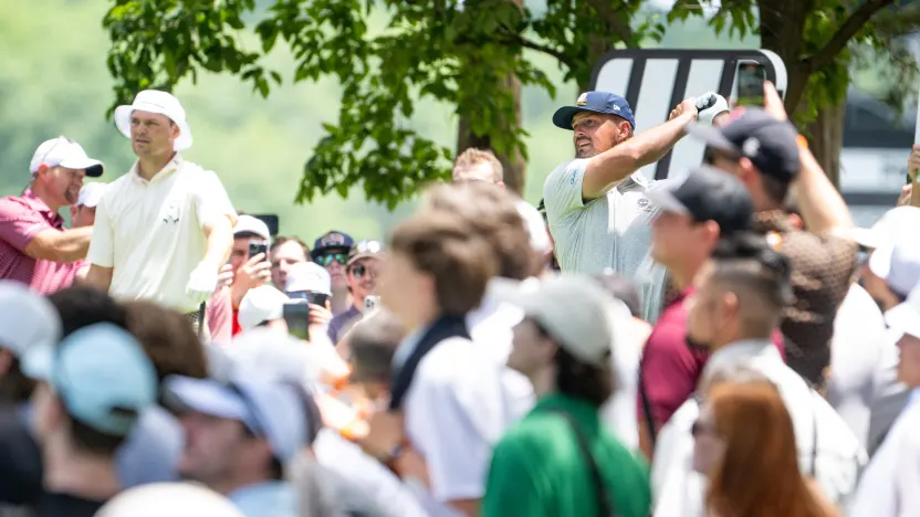 Captain Bryson DeChambeau of Crushers GC hits his shot from the second tee during the second round of LIV Golf Virginia at Robert Trent Jones Golf Club on Saturday, June 07, 2025 in Gainesville, Virginia. (Photo by Charles Laberge/LIV Golf)