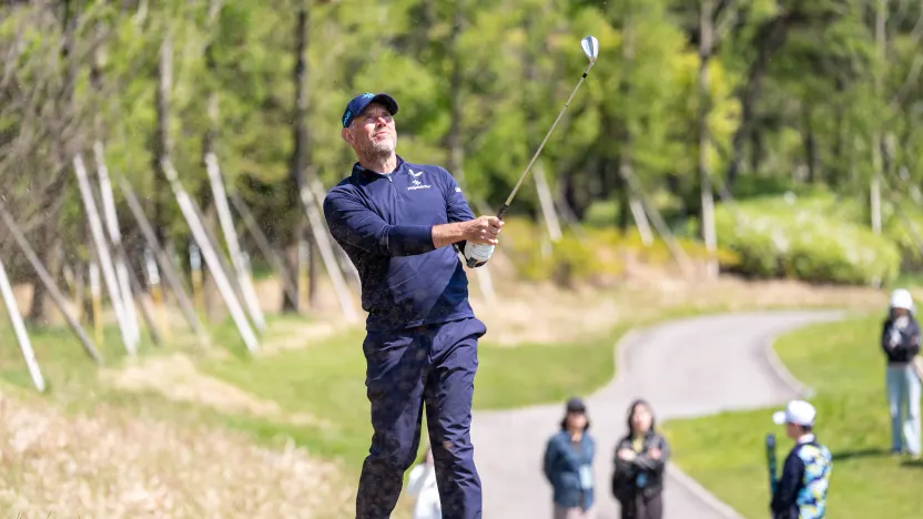 Co-Captain Lee Westwood of Majesticks GC hits his shot from the rough on the 14th hole during the final round of LIV Golf Korea at Jack Nicklaus Golf Club on Sunday, May 04, 2025 in Incheon, South Korea. (Photo by Mateo Villalba/LIV Golf)