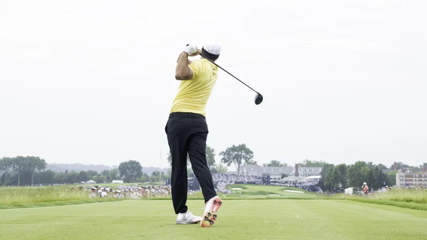 Captain Brooks Koepka of Smash GC hits his shot from the 18th tee during the second round of the US Open at Oakmont Country Club on Friday, June 13, 2025 in Oakmont, Pennsylvania. (Photo by Charles Laberge/LIV Golf)
