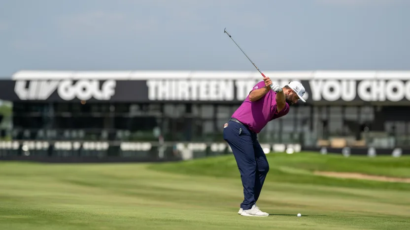Captain Jon Rahm of Legion XIII hits his shot on the eighteenth hole during the practice round before the start of LIV Golf Chicago at Bolingbrook Golf Club on Tuesday, August 05, 2025 in Bolingbrook, Illinois. (Photo by Charles Laberge/LIV Golf)