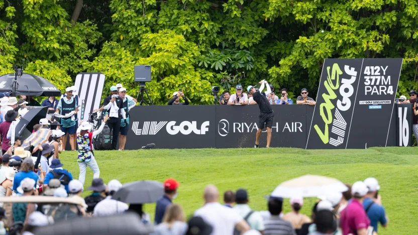 Captain Joaquín Niemann of Torque GC hits his shot from the 16th tee during the final round of LIV Golf Singapore at Sentosa Golf Club on Sunday, March 16, 2025 in Sentosa, Singapore. (Photo by Chris Trotman/LIV Golf)