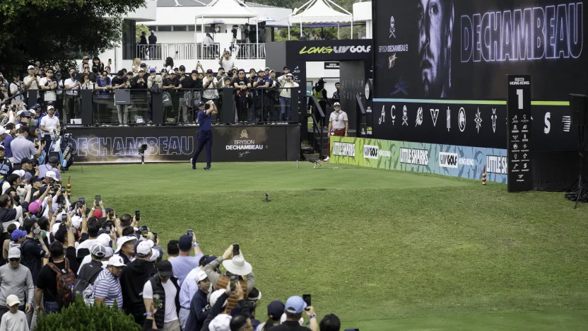 Captain Bryson DeChambeau of Crushers GC hits his shot from the first tee during the second round of LIV Golf Hong Kong at Hong Kong Golf Club Fanling on Saturday, March 08, 2025 in Fanling, Hong Kong. (Photo by Charles Laberge/LIV Golf)