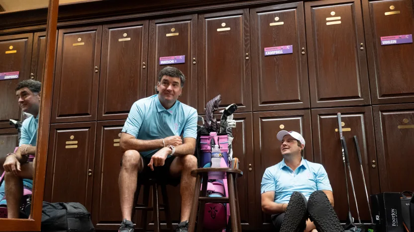 Captain Bubba Watson and Peter Uihlein of RangeGoats GC is seen in the locker room before the first round of LIV Golf Virginia at Robert Trent Jones Golf Club on Friday, June 06, 2025 in Gainesville, Virginia. (Photo by Charles Laberge/LIV Golf)