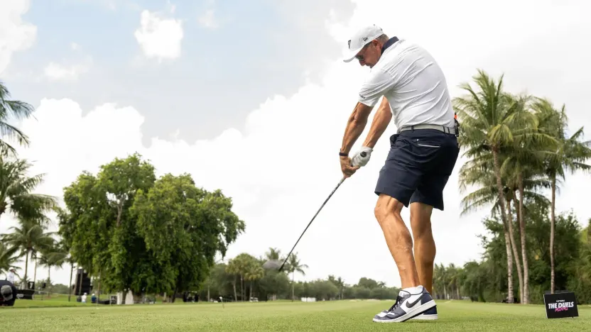 Captain Phil Mickelson of HyFlyers GC hits his shot from the 12th tee during The Duels before the start of LIV Golf Miami at Trump National Doral on Thursday, April 03, 2025 in Miami, Florida. (Photo by Charles Laberge/LIV Golf)