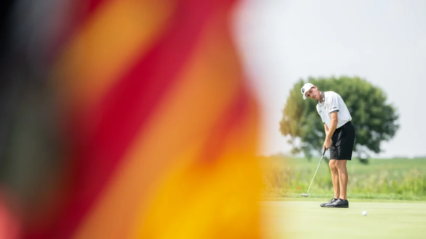 David Puig of Fireballs GC putts on the eigteenth green during the practice round before the start of LIV Golf Chicago at Bolingbrook Golf Club on Tuesday, August 05, 2025 in Bolingbrook, Illinois. (Photo by Charles Laberge/LIV Golf)
