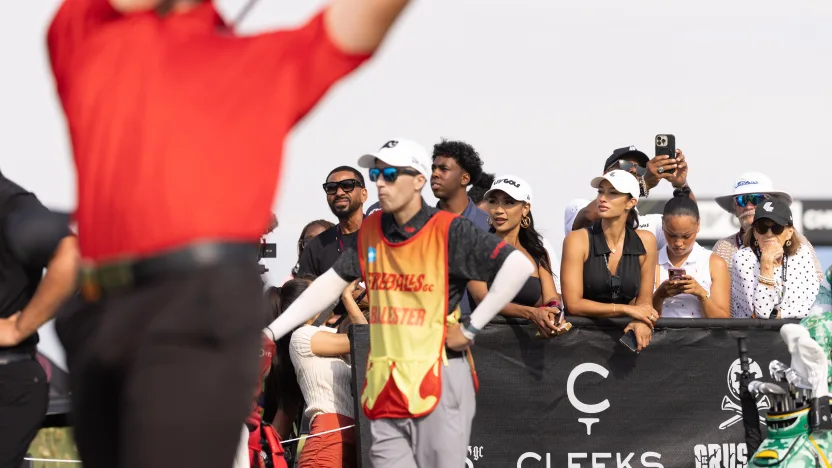 Show Host, Sarah Fontenot and Golf Influencer, Nikki Blades are seen on the first tee during the final round of LIV Golf Chicago at Bolingbrook Golf Club on Sunday, August 10, 2025 in Bolingbrook, Illinois. (Photo by Katelyn Mulcahy/LIV Golf)