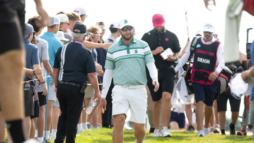Dean Burmester of Stinger GC walks to the second tee during the final round of LIV Golf Chicago at Bolingbrook Golf Club on Sunday, August 10, 2025 in Bolingbrook, Illinois. (Photo by Charles Laberge/LIV Golf)