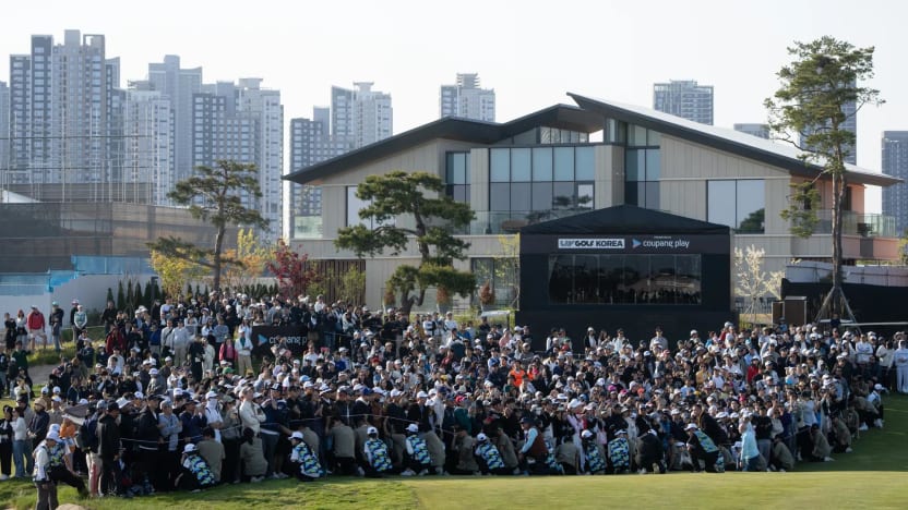 A general view of fans on the 18th green during the final round of LIV Golf Korea at Jack Nicklaus Golf Club on Sunday, May 04, 2025 in Incheon, South Korea. (Photo by Mike Stobe/LIV Golf)