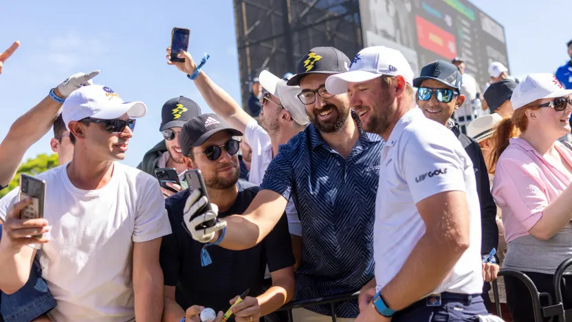 Sam Horsfield of Majesticks GC takes a photo with fan during the second round of LIV Golf Adelaide at Grange Golf Club on Saturday, February 15, 2025 in Adelaide, Australia. (Photo by Chris Trotman/LIV Golf)