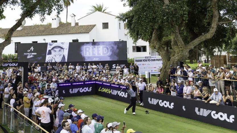 Patrick Reed of 4Aces GC hits his shot from the first tee during the second round of LIV Golf Andalucía at Real Club Valderrama on Saturday, July 12, 2025 in San Roque, Spain. (Photo by Jon Ferrey/LIV Golf)