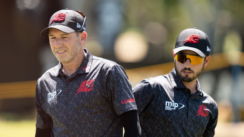 Captain Sergio Garcia of Fireballs GC and Abraham Ancer of Fireballs GC are seen on the ninth hole during the practice round before the start of LIV Golf Adelaide at Grange Golf Club on Tuesday, February 11, 2025 in Adelaide, Australia. (Photo by Pedro Salado/LIV Golf)