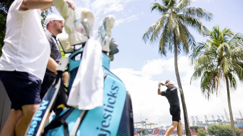 Co-Captain Ian Poulter of Majesticks GC hits his shot from the 13th tee during the practice round before the start of LIV Golf Singapore at Sentosa Golf Club on Wednesday, March 12, 2025 in Sentosa, Singapore. (Photo by Chris Trotman/LIV Golf)