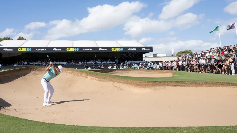 Captain Joaquín Niemann of Torque GC hits his shot from a bunker on the 10th hole during the second round of LIV Golf Adelaide at Grange Golf Club on Saturday, February 15, 2025 in Adelaide, Australia. (Photo by Charles Laberge/LIV Golf)