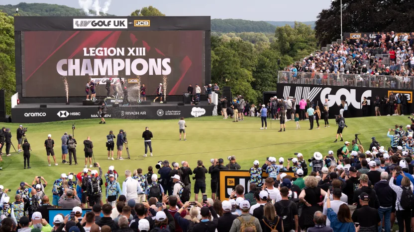 First place team champions, Captain Jon Rahm, Tyrrell Hatton, Tom McKibbin, and Caleb Surratt of Legion XIII celebrate on the podium following the final round of LIV Golf United Kingdom at JCB Golf & Country Club on Sunday, July 27, 2025 in Rocester, England. (Photo by Matthew Harris/LIV Golf)