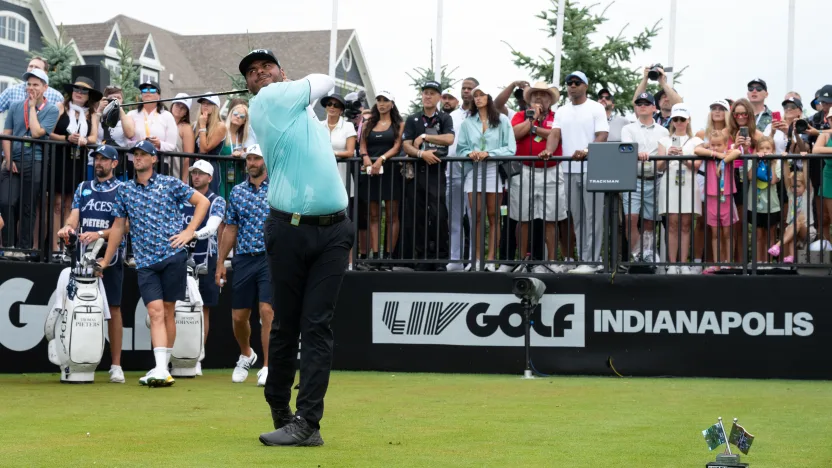 Actors, Nicole Ari Parker and AJ Calloway, Infulencer and podcast host, Sarah Fontenot, American Jeweler, Ben Baller, Golf Infulencer, Nikki Blades, Former NBA point guard, Jay Williams, and American Journalist, Roland Martin watch as Sebastián Muñoz of Torque GC hits his shot from the first tee during the final round of LIV Golf Indianapolis at The Club at Chatham Hills on Sunday, August 17, 2025 in Westfield, Indiana. (Photo by LIV Golf)