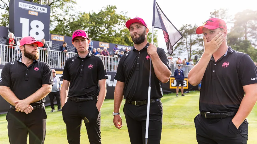 First place team champions Caleb Surratt of Legion XIII, Tyrrell Hatton of Legion XIII, Captain Jon Rahm of Legion XIII and Tom McKibbin of Legion XIII replace the team champion flag on the 18th green following the final round of LIV Golf United Kingdom at JCB Golf & Country Club on Sunday, July 27, 2025 in Rocester, England. (Photo by Jon Ferrey/LIV Golf)