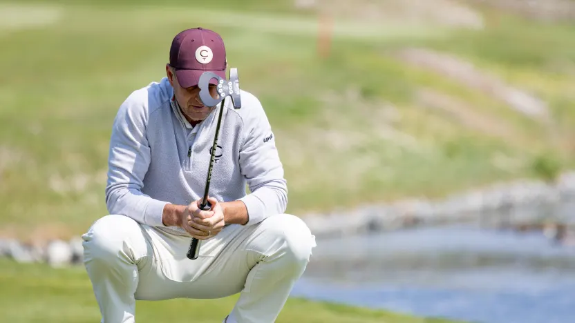 Richard Bland of Cleeks GC reads his putt on the fourth green during the first round of LIV Golf Korea at Jack Nicklaus Golf Club on Friday, May 02, 2025 in Incheon, South Korea. (Photo by Jon Ferrey/LIV Golf)