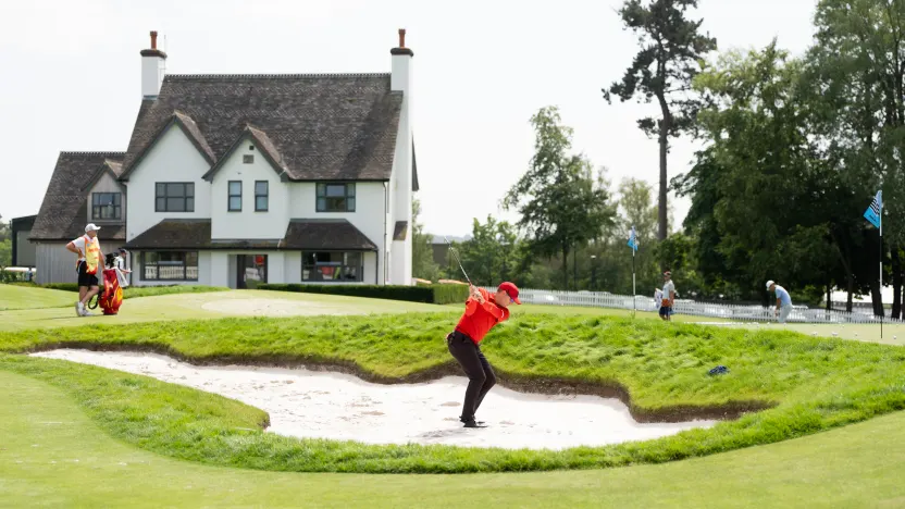 Captain Sergio Garcia of Fireballs GC hits his from a bunker before the first round of LIV Golf United Kingdom at JCB Golf & Country Club on Friday, July 25, 2025 in Rocester, England. (Photo by Mateo Villalba/LIV Golf)