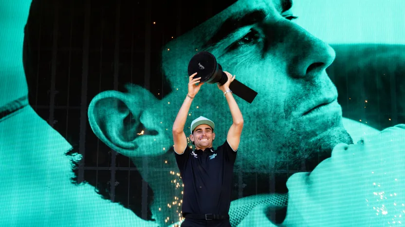 First place individual champion, Captain Joaquín Niemann of Torque GC celebrates with the Event Individual Champion Trophy at the trophy ceremony after the final round of LIV Golf Adelaide at Grange Golf Club on Sunday, February 16, 2025 in Adelaide, Australia. (Photo by Matt Turner/LIV Golf)