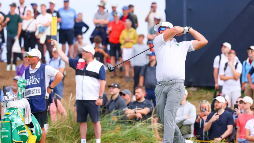 Dean Burmester of Stinger GC hits his shot from the ninth tee during the final round of The Open Championship at Royal Portrush Golf Club on Sunday, July 20, 2025 in Portrush, Northern Ireland. (Photo by Chris Trotman/LIV Golf)
