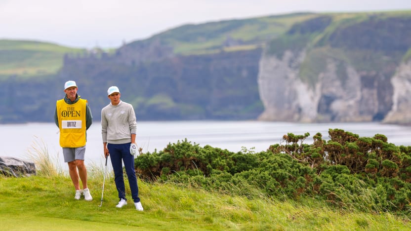 Carlos Ortiz of Torque GC and his caddie, Michael Kerr, wait on the fifth hole during the second round of The Open Championship at Royal Portrush Golf Club on Friday, July 18, 2025 in Portrush, Northern Ireland. (Photo by Chris Trotman/LIV Golf)