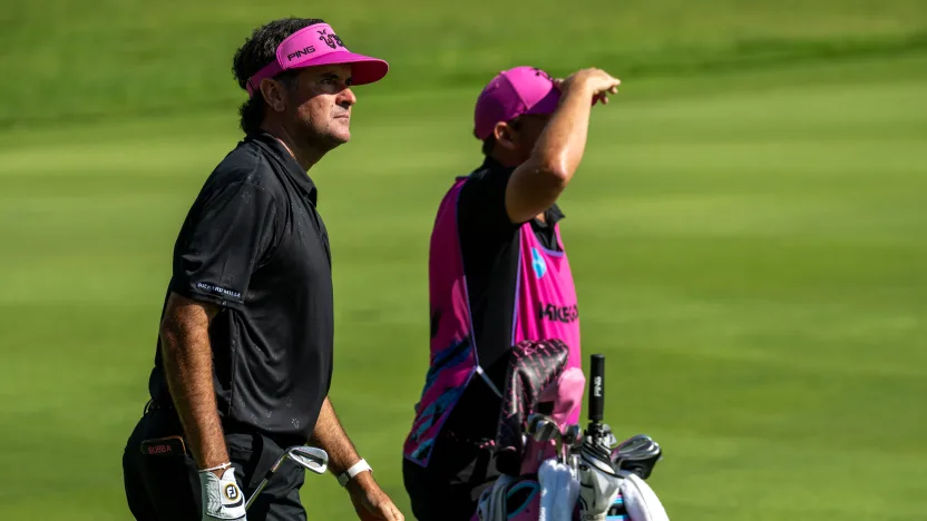 Captain Bubba Watson of RangeGoats GC and caddie, Kyle Peters, walk on the 11th hole during the second round of LIV Golf Andalucía at Real Club Valderrama on Saturday, July 12, 2025 in San Roque, Spain. (Photo by Matthew Harris/LIV Golf)
