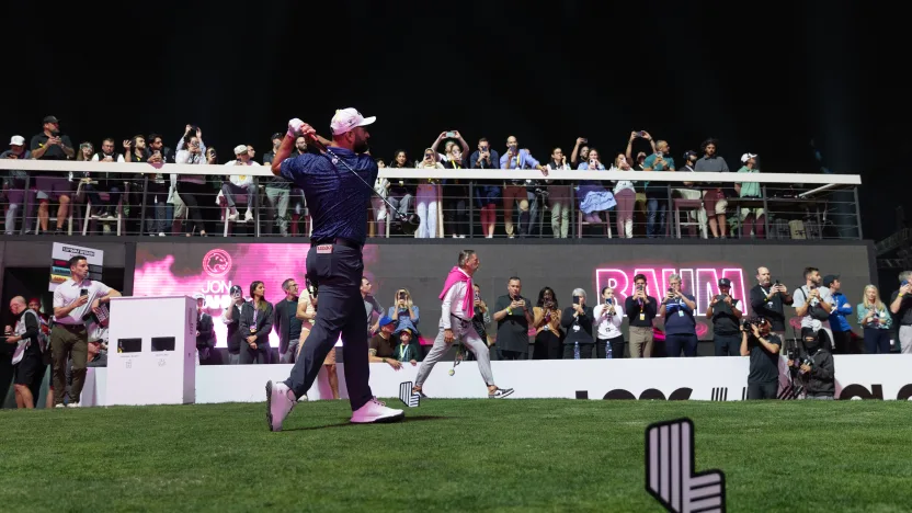 image: Captain Jon Rahm of Legion XIII hits his shot from the first tee during the first round of LIV Golf Riyadh at Riyadh Golf Club on Thursday, February 06, 2025 in Riyadh, Saudi Arabia. (Photo by Jon Ferrey/LIV Golf)