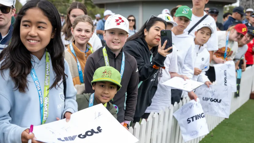 Fans seen on the putting green during the final round of LIV Golf Adelaide at Grange Golf Club on Sunday, February 16, 2025 in Adelaide, Australia. (Photo by Charles Laberge/LIV Golf)