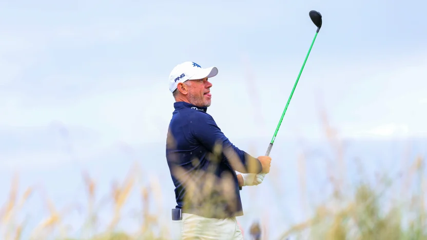 Co-Captain Lee Westwood of Majesticks GC hits his shot from the eighth tee during the first round of The Open Championship at Royal Portrush Golf Club on Thursday, July 17, 2025 in Portrush, Northern Ireland. (Photo by Chris Trotman/LIV Golf)