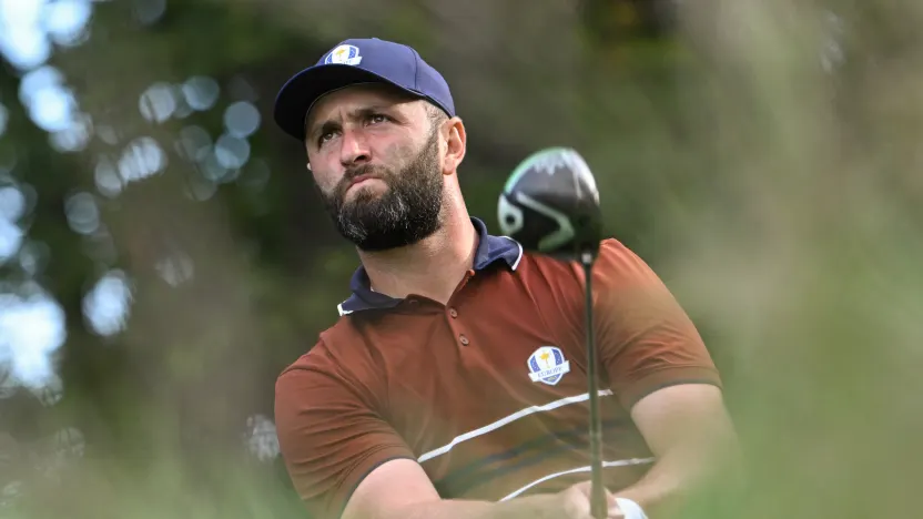 Jon Rahm of Team Europe hits his shot during the morning foursomes of the Ryder Cup at Bethpage Black Golf Course on Saturday, September 27, 2025 in Farmingdale, New York. (Photo by Charles Laberge/LIV Golf)