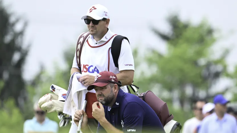 Marc Leishman of Ripper GC reads his putt on the ninth green during the second round of the US Open at Oakmont Country Club on Friday, June 13, 2025 in Oakmont, Pennsylvania. (Photo by Charles Laberge/LIV Golf)