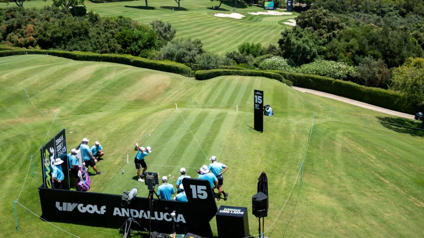 Luis Masaveu of RangeGoats GC hits his shot from the 15th tee during the practice round before the start of LIV Golf Andalucía at Real Club Valderrama on Tuesday, July 08, 2025 in San Roque, Spain. (Photo by Charles Laberge/LIV Golf)