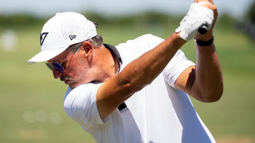 Captain Phil Mickelson of HyFlyers GC hits his shot on the driving range during the final round of LIV Golf Dallas at Maridoe Golf Club on Sunday, June 29, 2025 in Carrollton, Texas. (Photo by LIV Golf)
