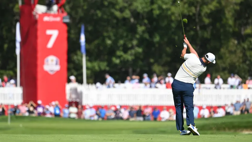 Jon Rahm of Team Europe hits his shot on the seventh hole during the singles match play of the Ryder Cup at Bethpage Black Golf Course on Sunday, September 28, 2025 in Farmingdale, New York. (Photo by Charles Laberge/LIV Golf)